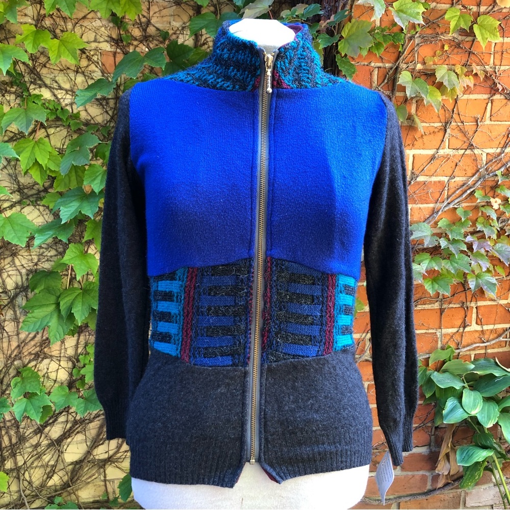 Patchwork Upcycled Sweaters Small Blue Red Gray Zip Up Sustainable Wool Acrylic